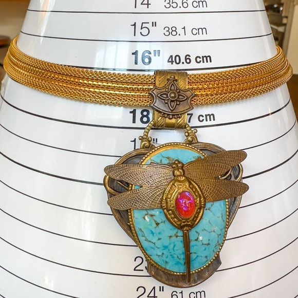 Patrice Art Nouveau Style Dragonfly Necklace Faux Turquoise Dragon's-Breath Opal - Picture 11 of 12